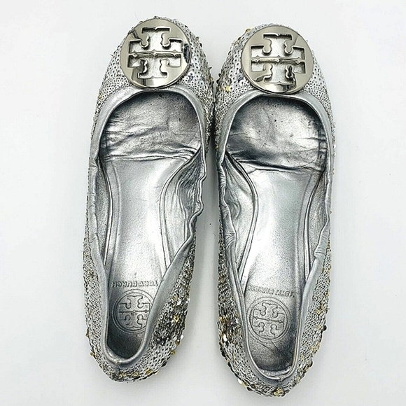 Tory Burch Reva Silver Sequins/Glitter Ballet Flats Shoes Size 8.5🌴 - Picture 2 of 11